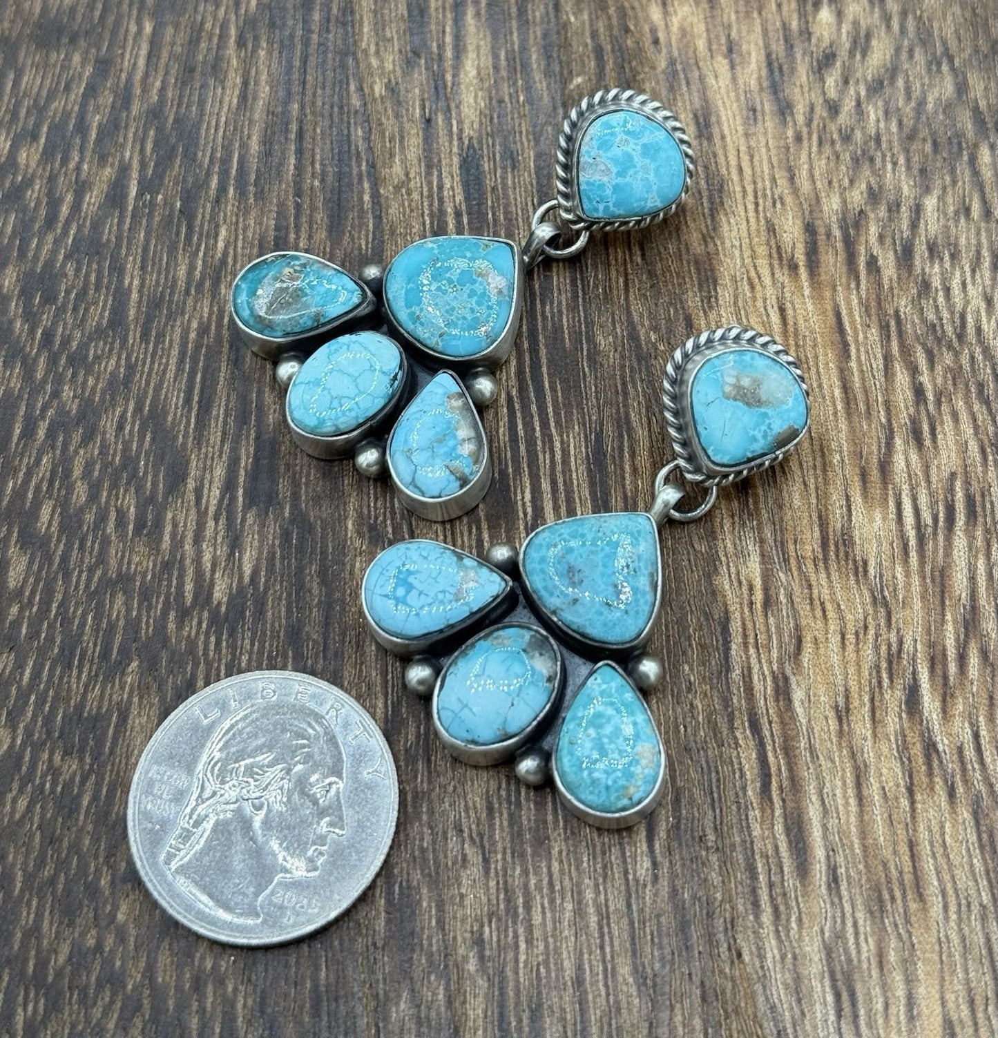 Navajo Handmade Sterling Silver Blue Bird Turquoise Cluster Post Dangle Earrings