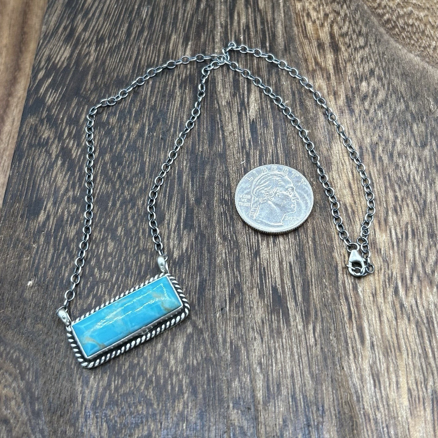 Navajo Handmade Sterling Silver Kingman Turquoise Bar Necklace 16”