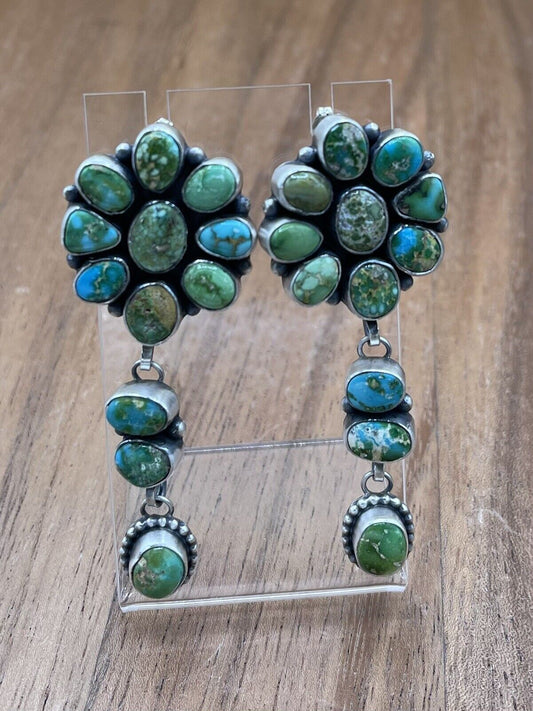 Native American Navajo Handmade Silver Sonoran Gold Turquoise Cluster Earrings