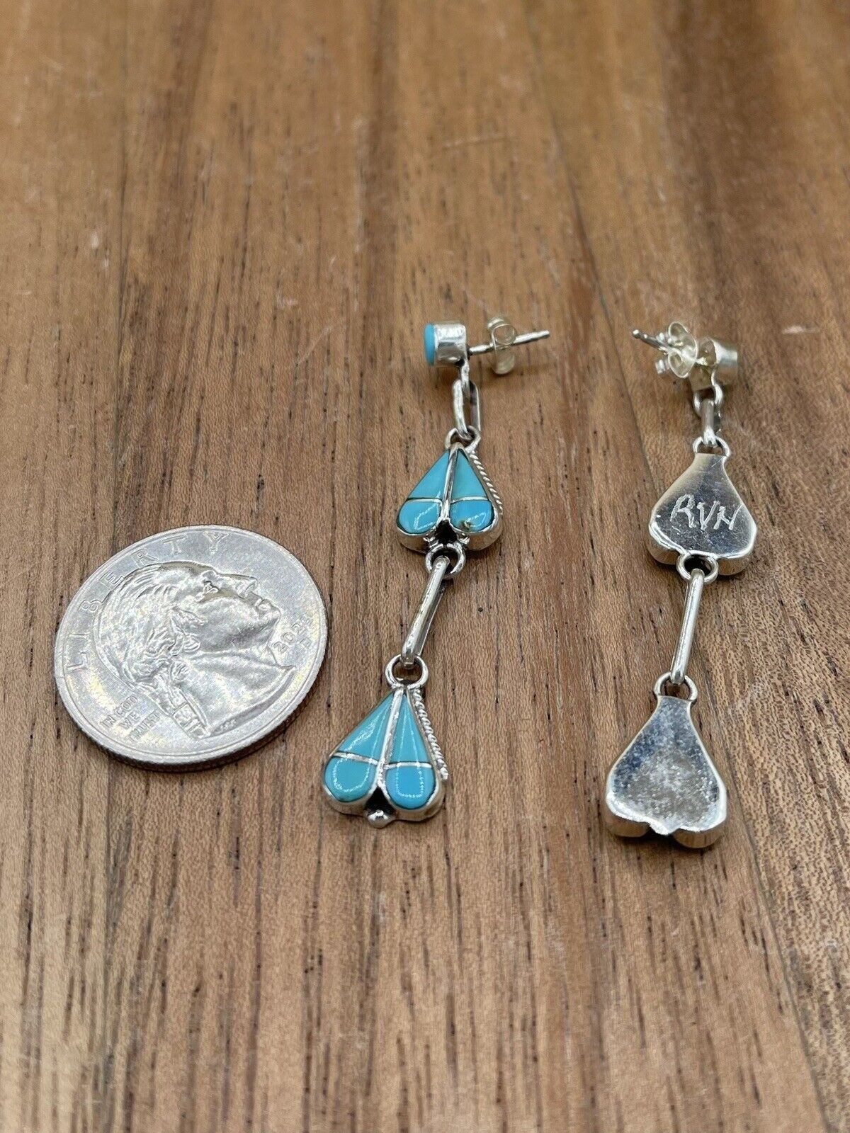 Native American Zuni Handmade Silver Inlay Turquoise Post Dangle Drop Earrings