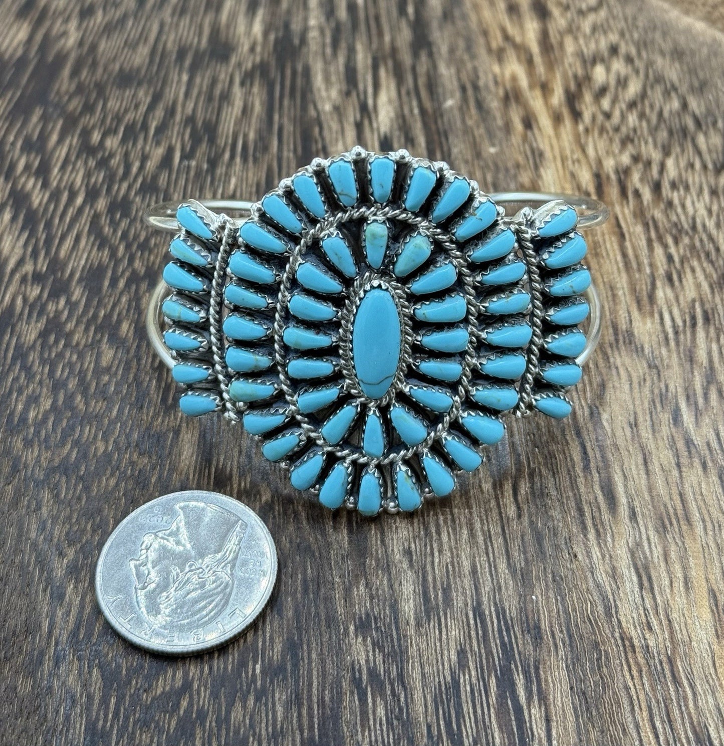 Native American Navajo Handmade Sterling Silver Turquoise Cluster Cuff Bracelet