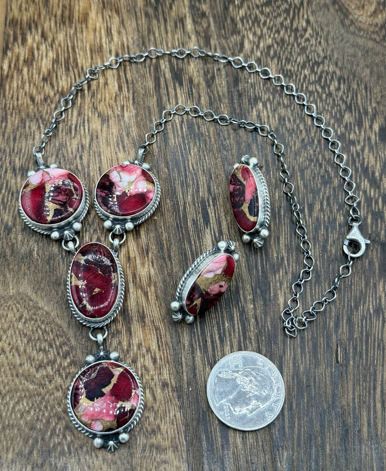 Navajo Handmade Sterling Silver Dahlia Rose Lariat Necklace Set 18”