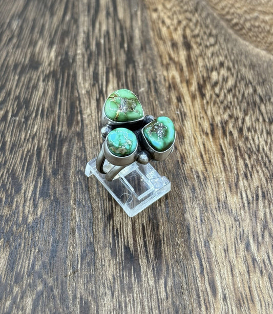 Navajo Handmade Sterling Silver Sonoran Gold Turquoise Cluster Ring Size 8
