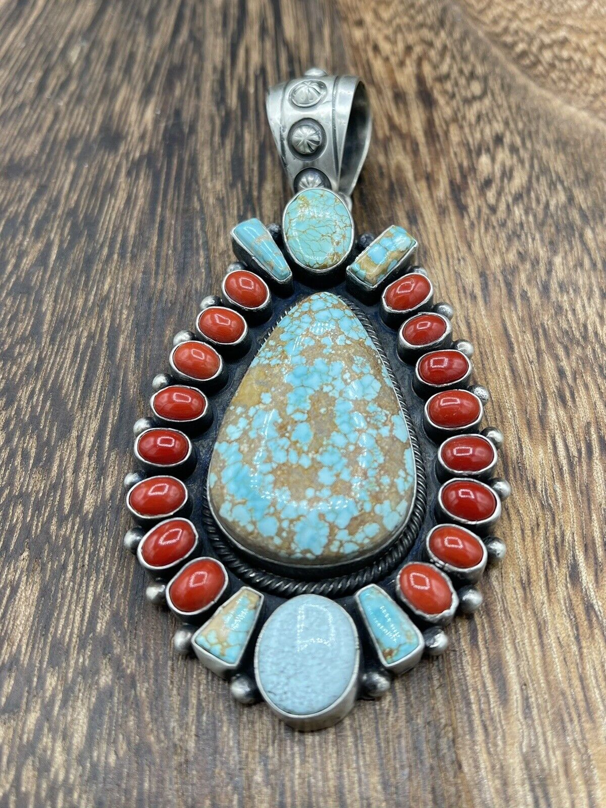 Native American Indian Navajo Handmade Silver Turquoise & Coral Cluster Pendant