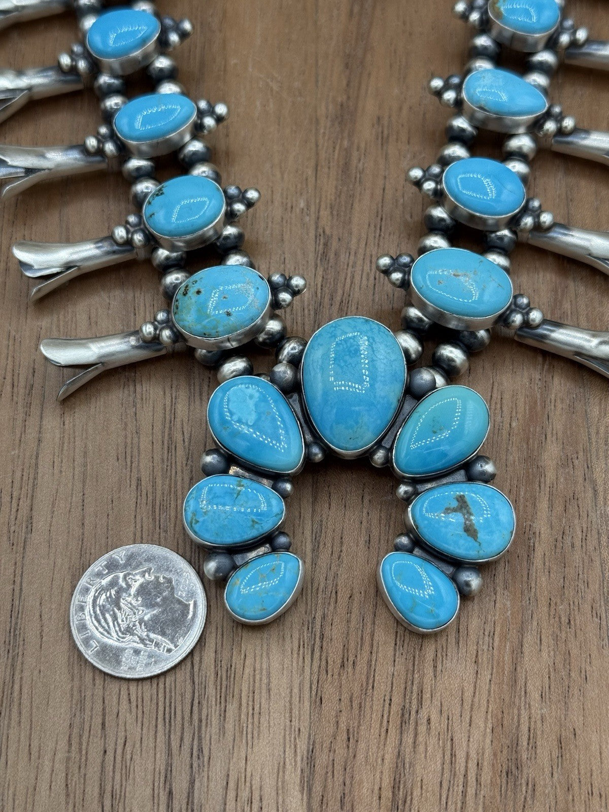 Navajo Handmade Sterling Silver Kingman Turquoise Squash Blossom Necklace 20”