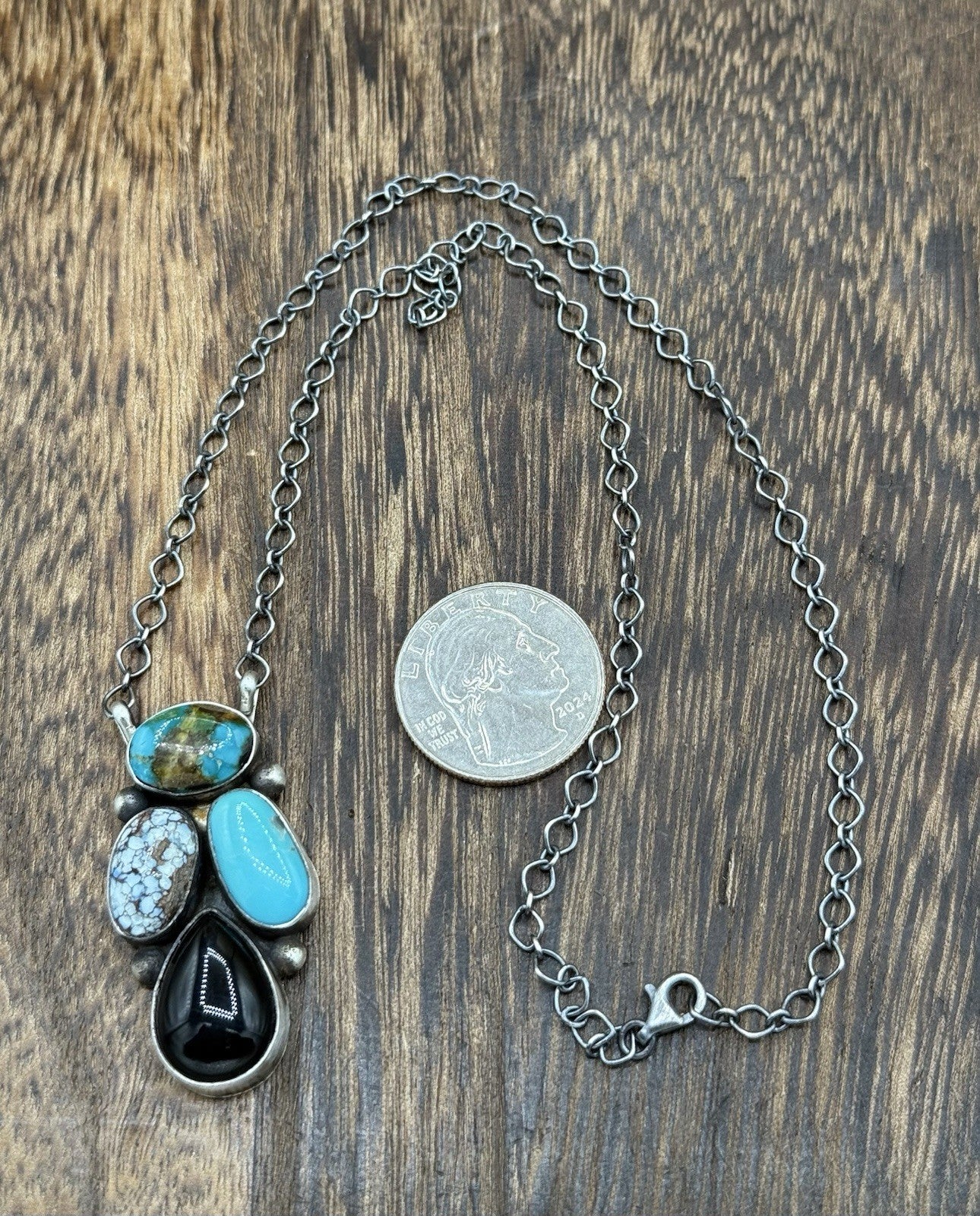 Navajo Handmade Sterling Silver Multicolor Turquoise Cluster Bar Necklace 18”