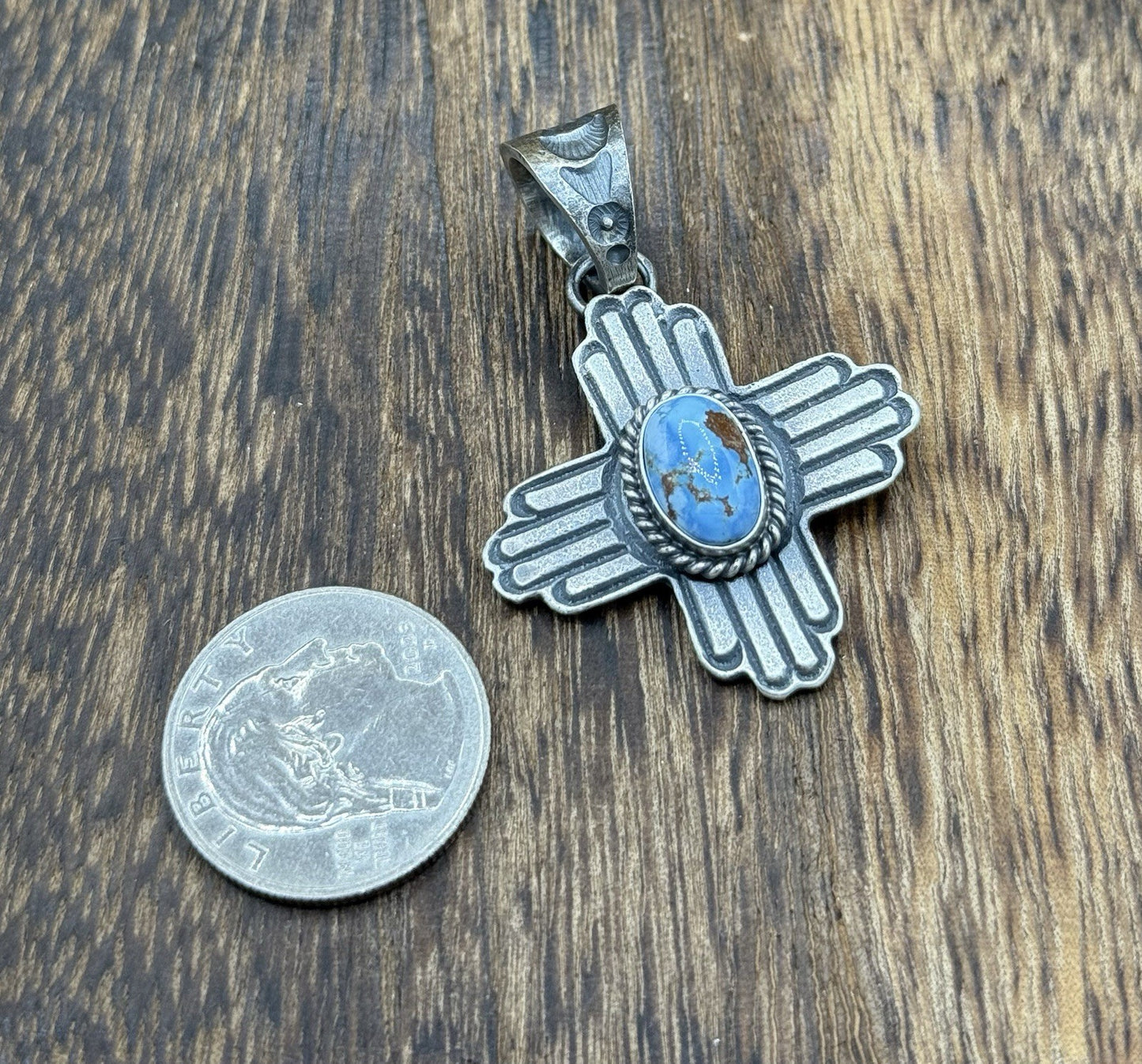 Navajo Handmade Sterling Silver Old Look Golden Hills Turquoise Zia Pendant