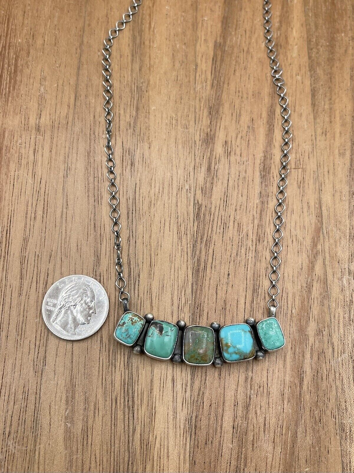 Native American Navajo Handmade Sterling Silver Mixed Turquoise Bar Necklace 18”