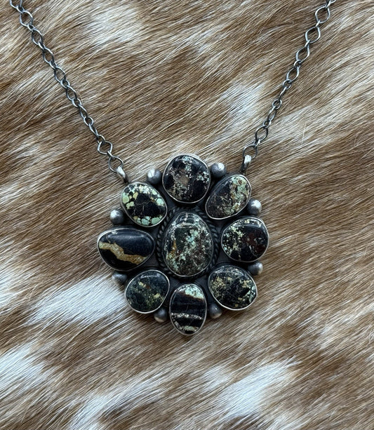 Navajo Handmade Sterling Silver Blackjack Turquoise Cluster Bar Necklace 18”