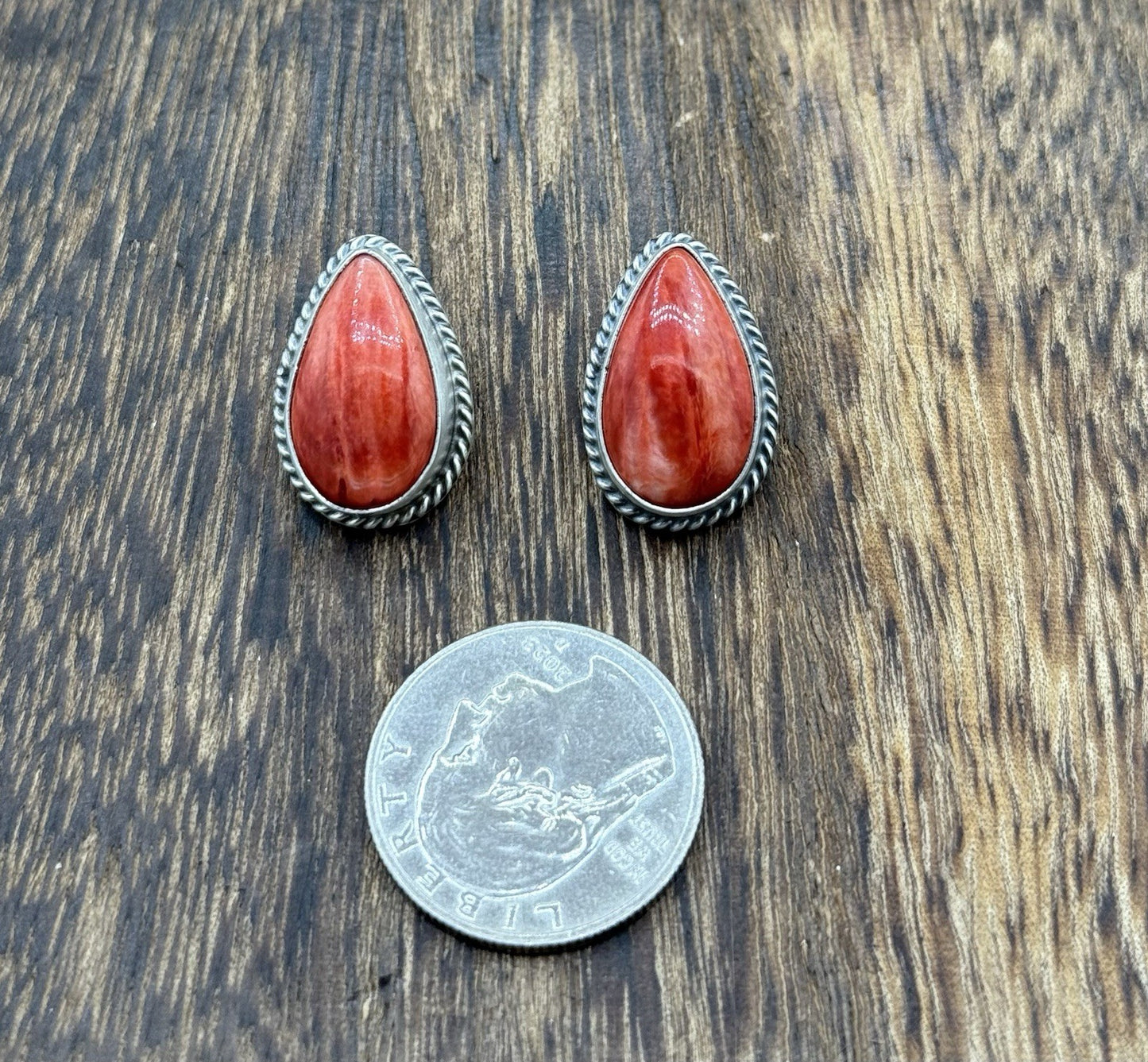 Native Navajo Handmade Sterling Silver Red Spiny Oyster Shell Post Stud Earrings