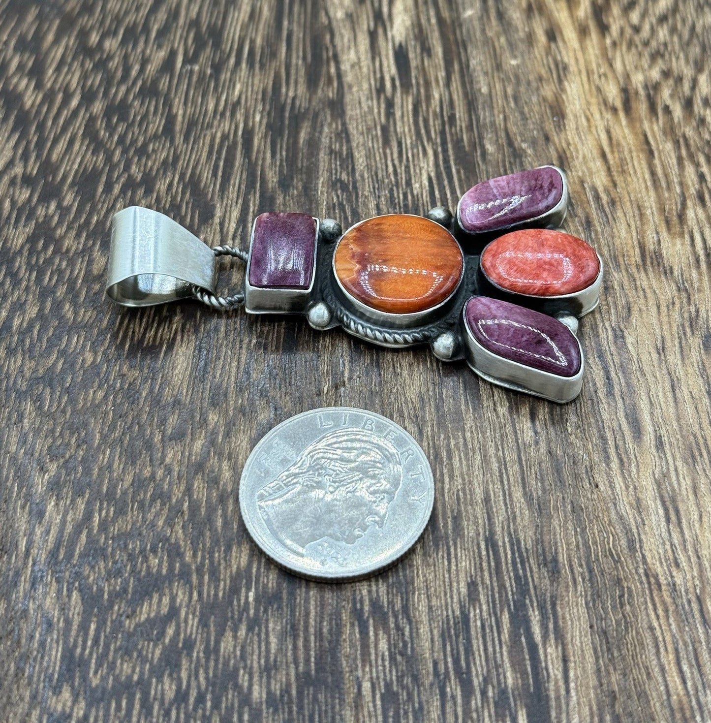 Native Navajo Handmade Sterling Silver Multi Spiny Oyster Shell Cluster Pendant