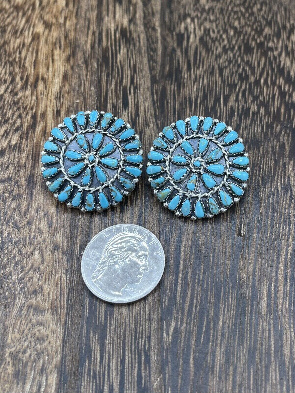 Native American Navajo Handmade Sterling Silver Turquoise Cluster Post earrings