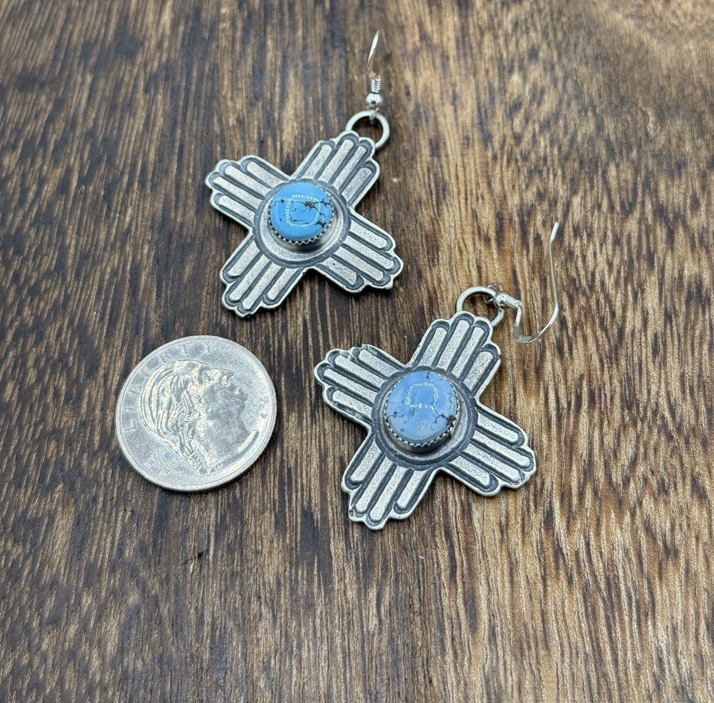 Navajo Handmade Sterling Silver Zia Golden Hills Turquoise Earrings Kevin Billah