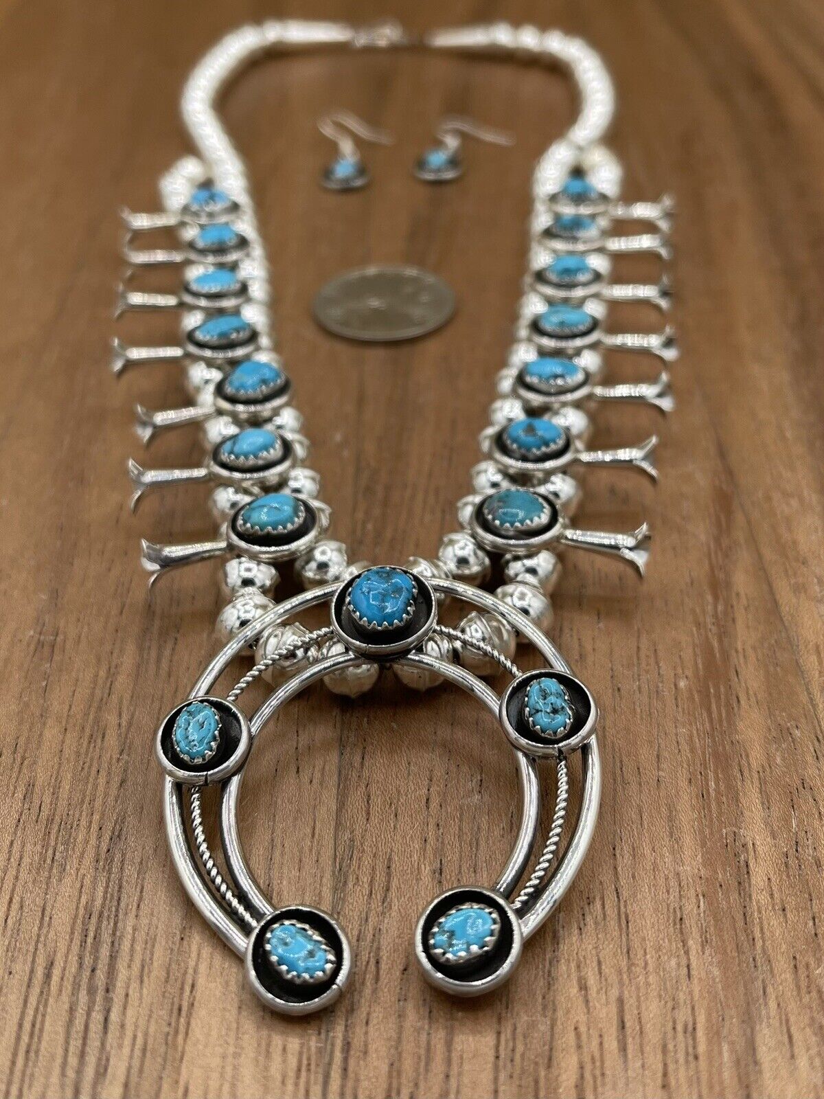 Native American Navajo Handmade Silver Kingman Turquoise Squash Blossom Set 18”