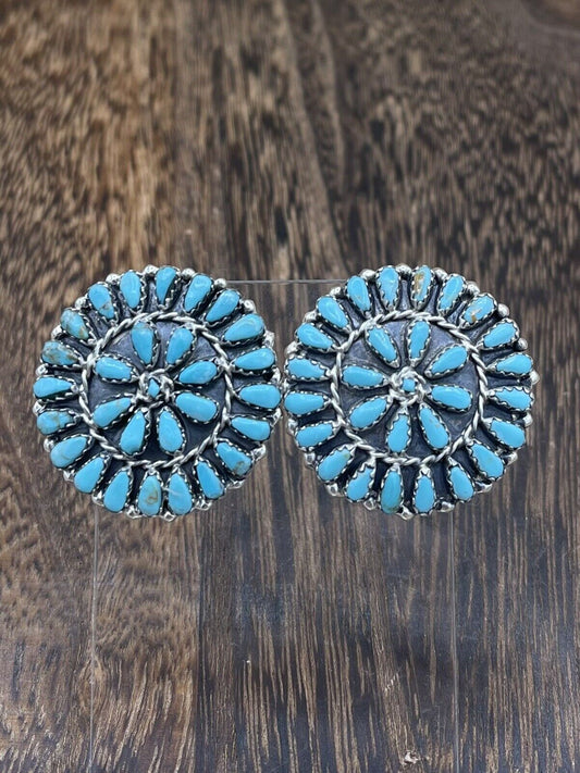 Native American Navajo Handmade Sterling Silver Turquoise Cluster Post earrings