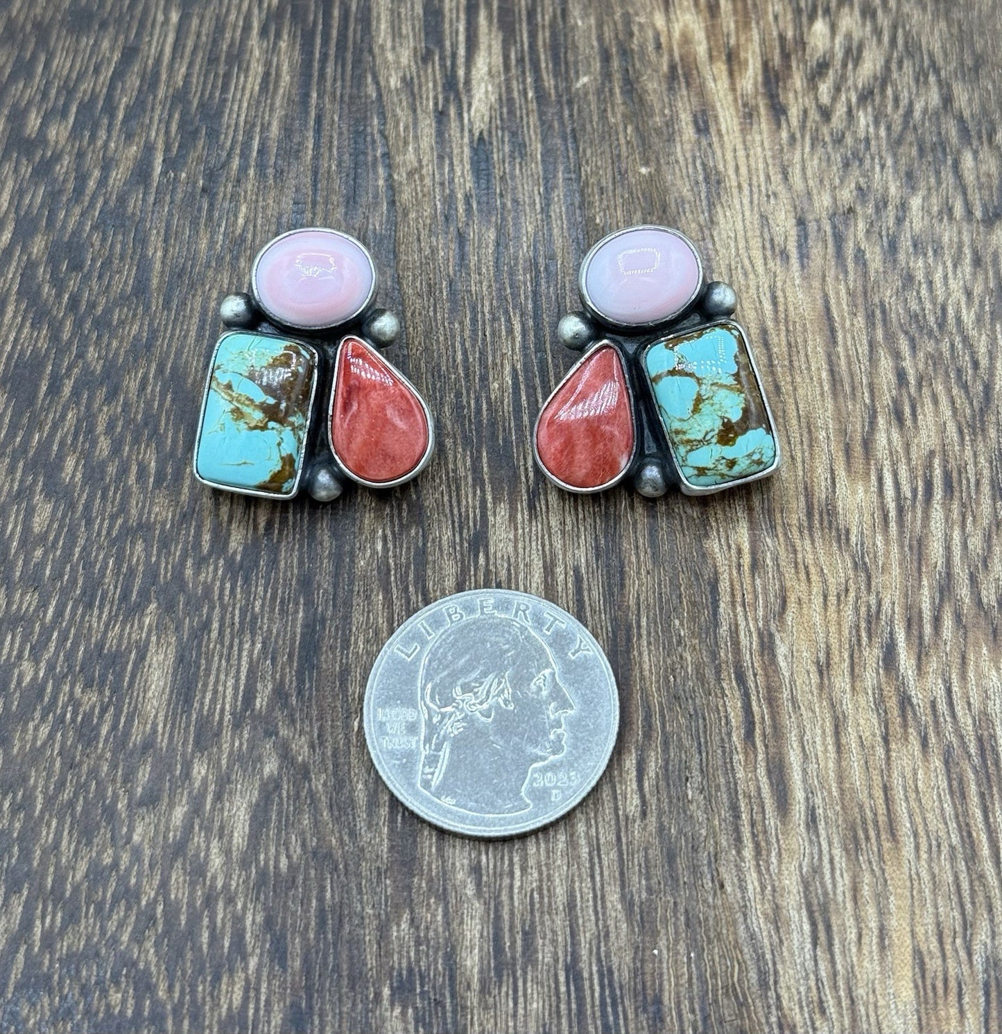 Navajo Handmade Sterling Silver Multi Color Turquoise Spiny Cluster Earrings