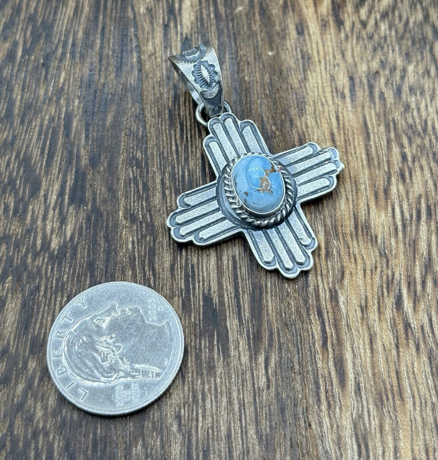 Navajo Handmade Sterling Silver Old Look Golden Hills Turquoise Zia Pendant