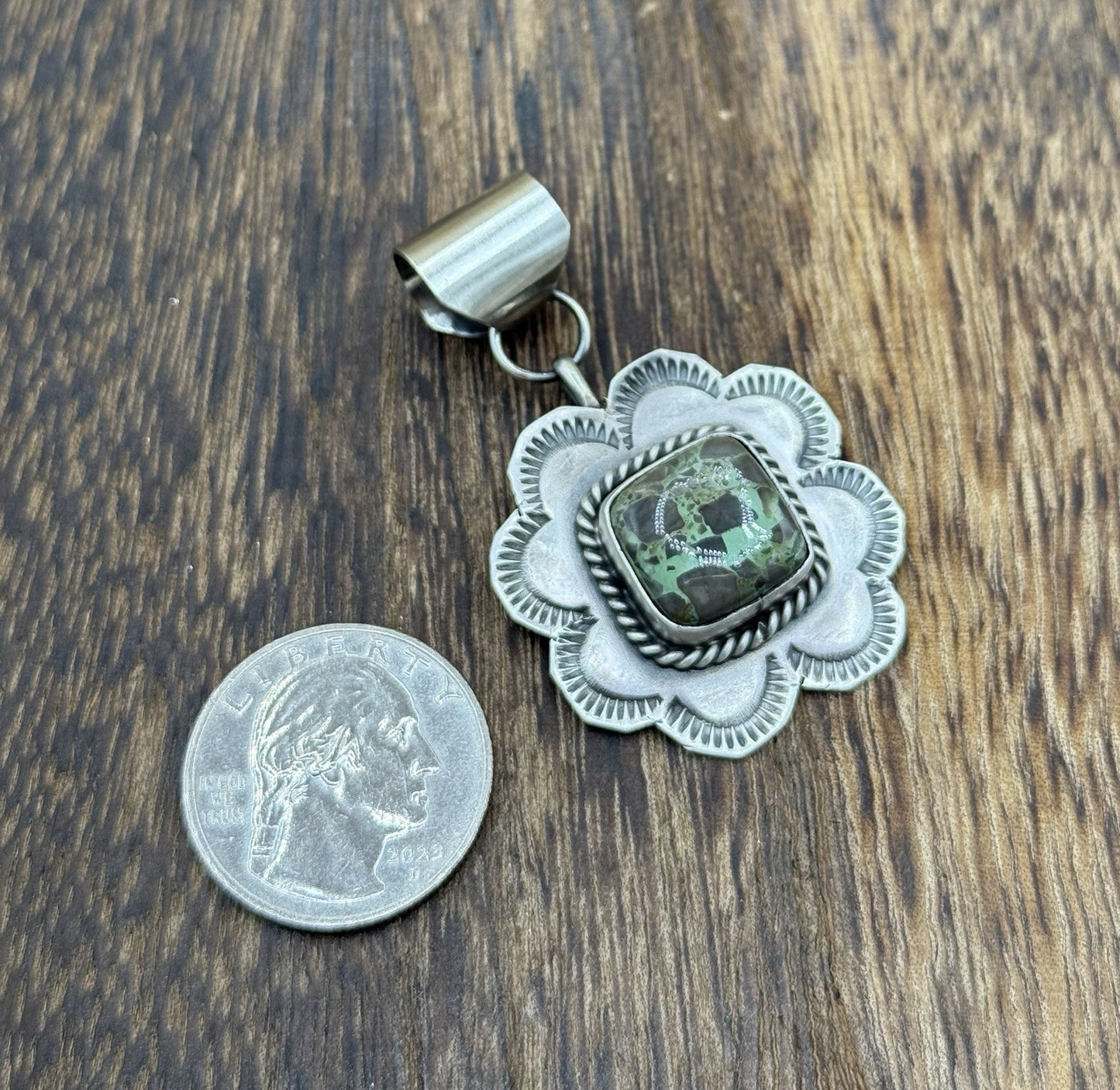 Navajo Handmade Sterling Silver Royston Turquoise Stamped Design Drop Pendant
