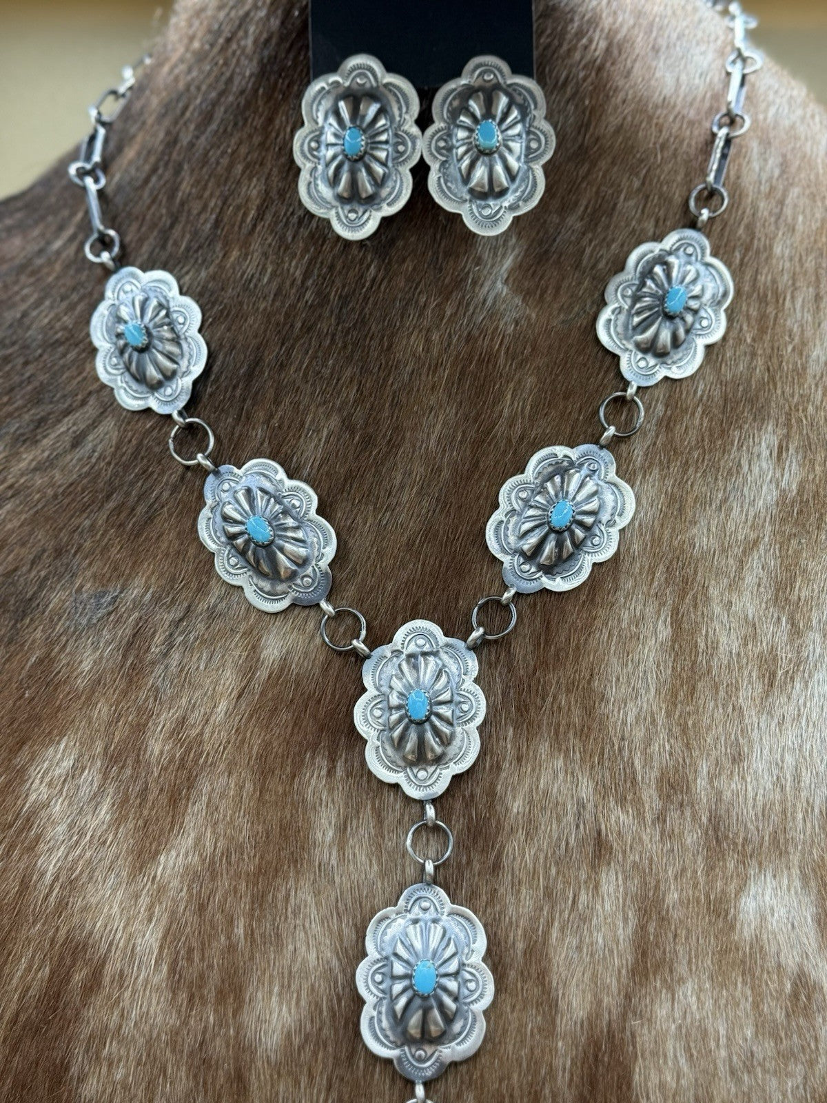 Navajo Handmade Sterling Silver Stamped Concho Turquoise Lariat Necklace Set 20”