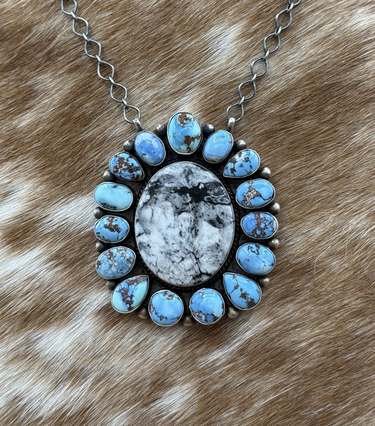 Navajo Handmade Silver Golden Hills Turquoise & White Buffalo Cluster Necklace