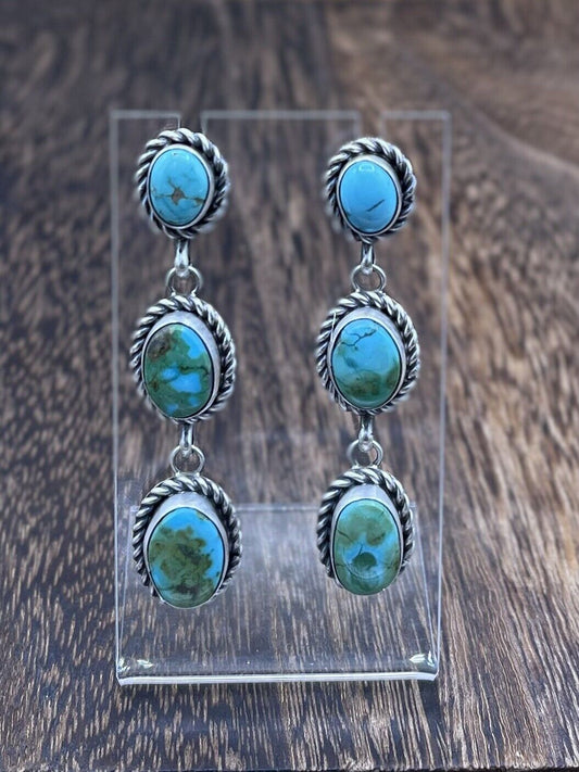 Native American Navajo Handmade Sterling Silver Turquoise Post Dangle Earrings