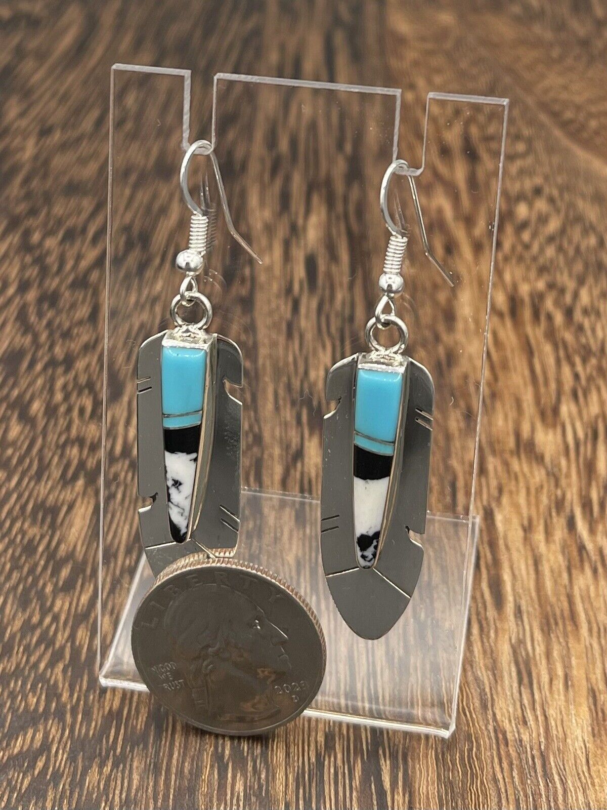 Native American Sterling Silver Navajo Handmade Turquoise Inlay Dangle Earring