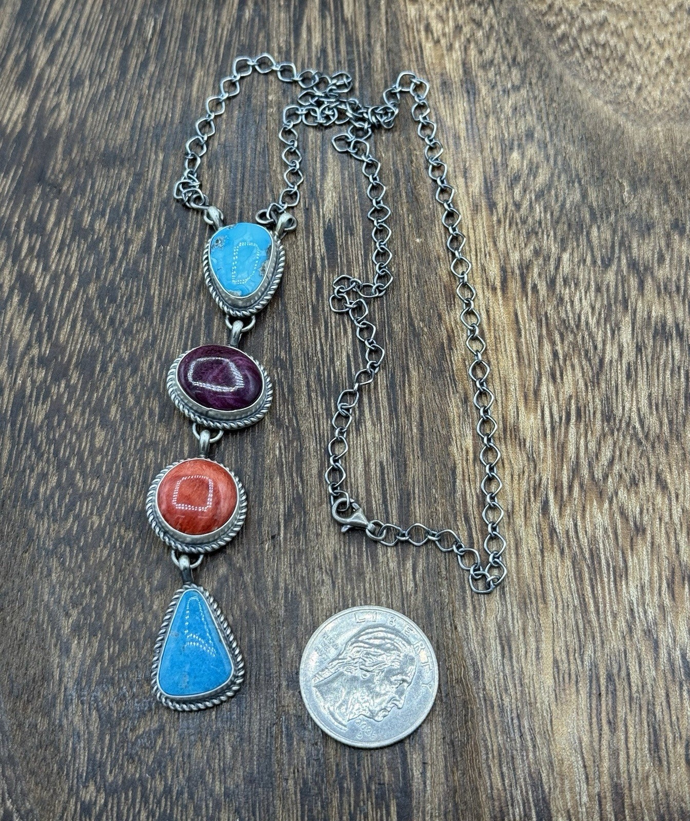 Navajo Handmade Sterling Silver Multi Color Mixed Stone Lariat Necklace 18”