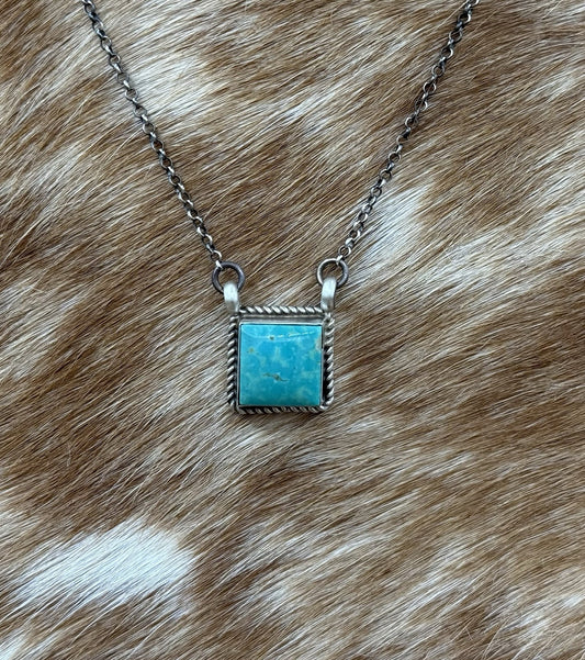 Native Navajo Handmade Silver Kingman Turquoise Cluster Bar Necklace 16”