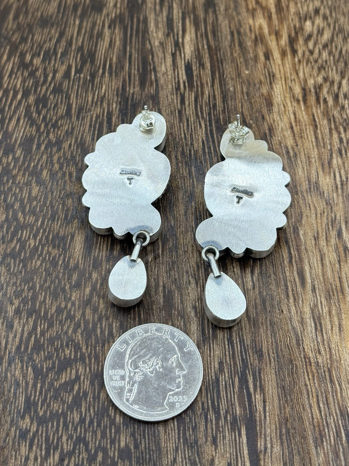 Navajo Handmade Sterling Silver Kingman Turquoise Half Cluster Drop Earrings