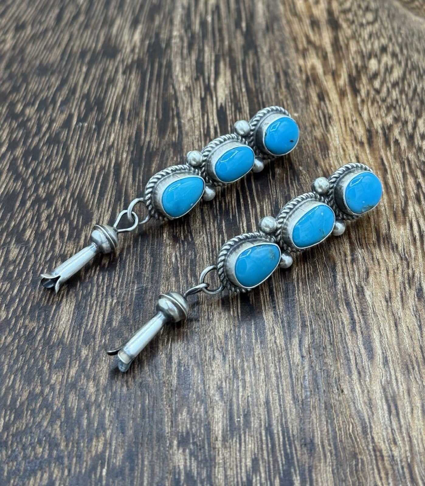 Navajo Handmade Sterling Silver Kingman Turquoise Blossom Post Dangle Earrings