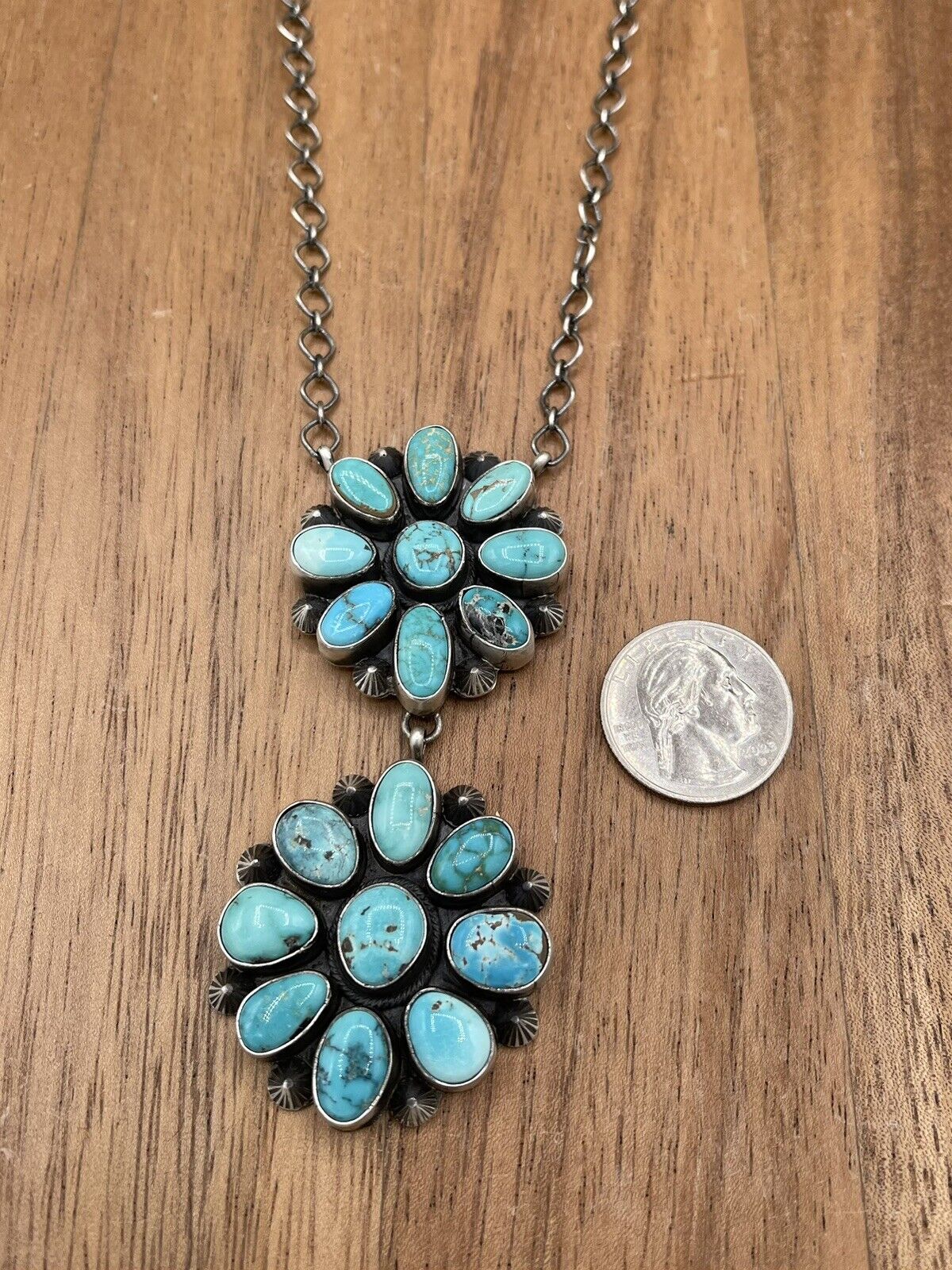 Native American Navajo Handmade Silver Kingman Turquoise Double Cluster Necklace