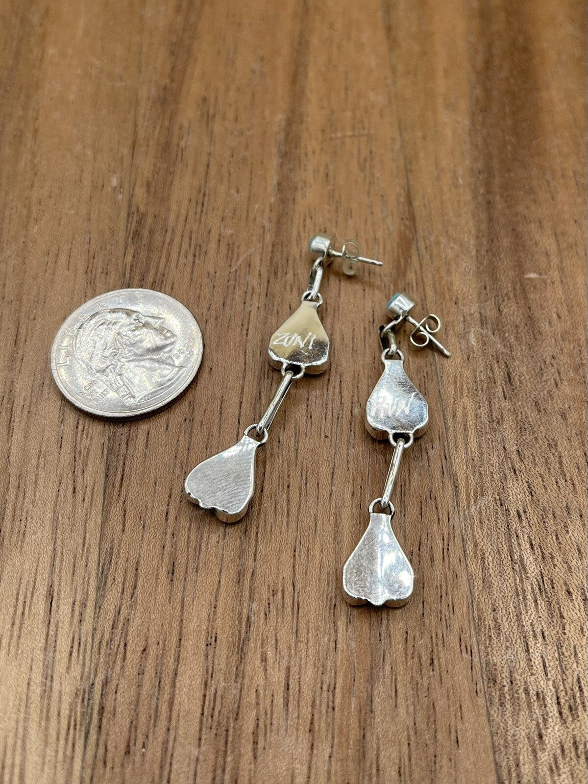 Native American Zuni Handmade Silver Inlay Turquoise Post Dangle Drop Earrings