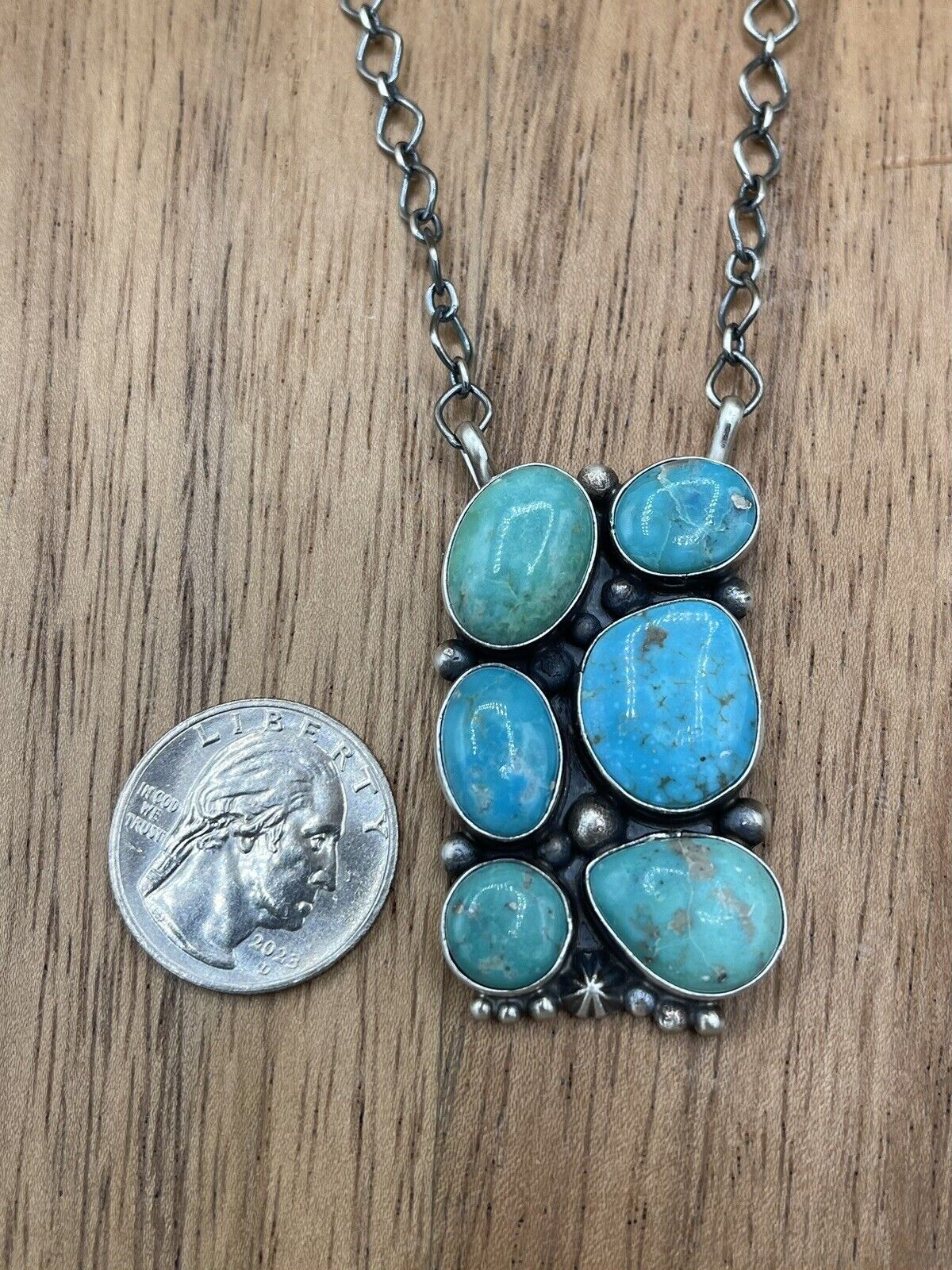 Native American Navajo Handmade Silver Turquoise Cluster Bar Necklace 18 Inch