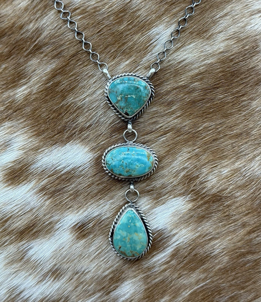 Native Navajo Handmade Sterling Silver Kingman Turquoise Lariat Necklace 18”