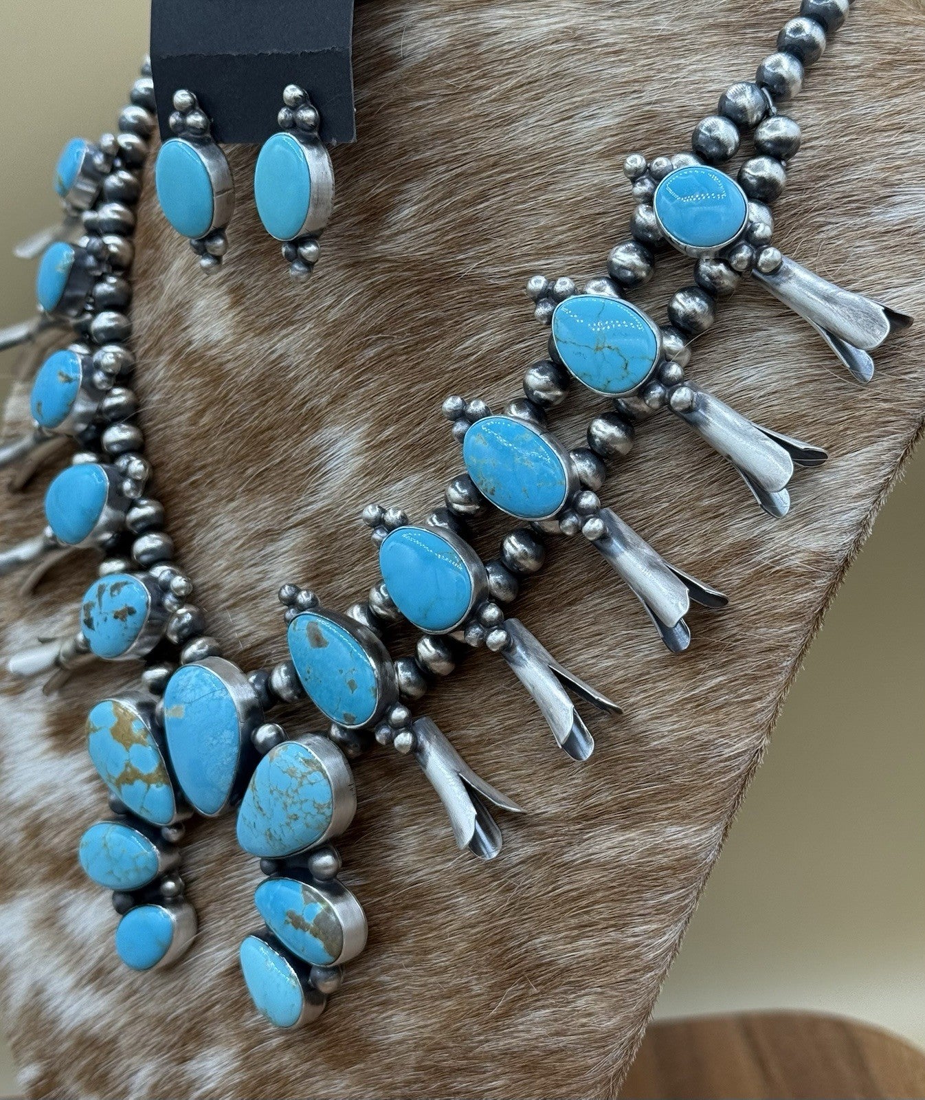 Navajo Handmade Sterling Silver Kingman Turquoise Squash Blossom Necklace 20”