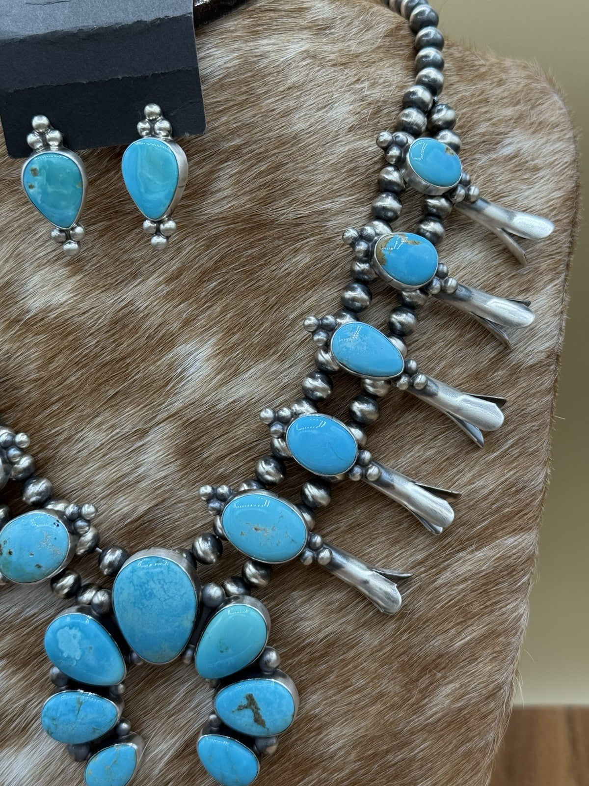 Navajo Handmade Sterling Silver Kingman Turquoise Squash Blossom Necklace 20”