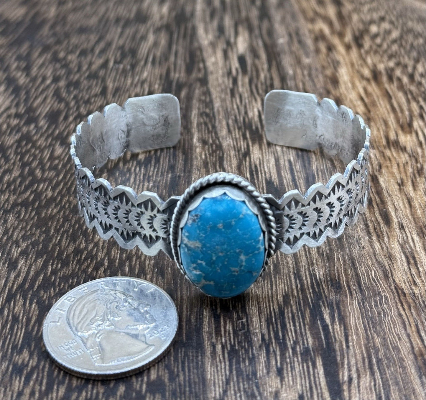 Navajo Handmade Sterling Silver Blue Bird Turquoise Stacker Cuff Bracelet