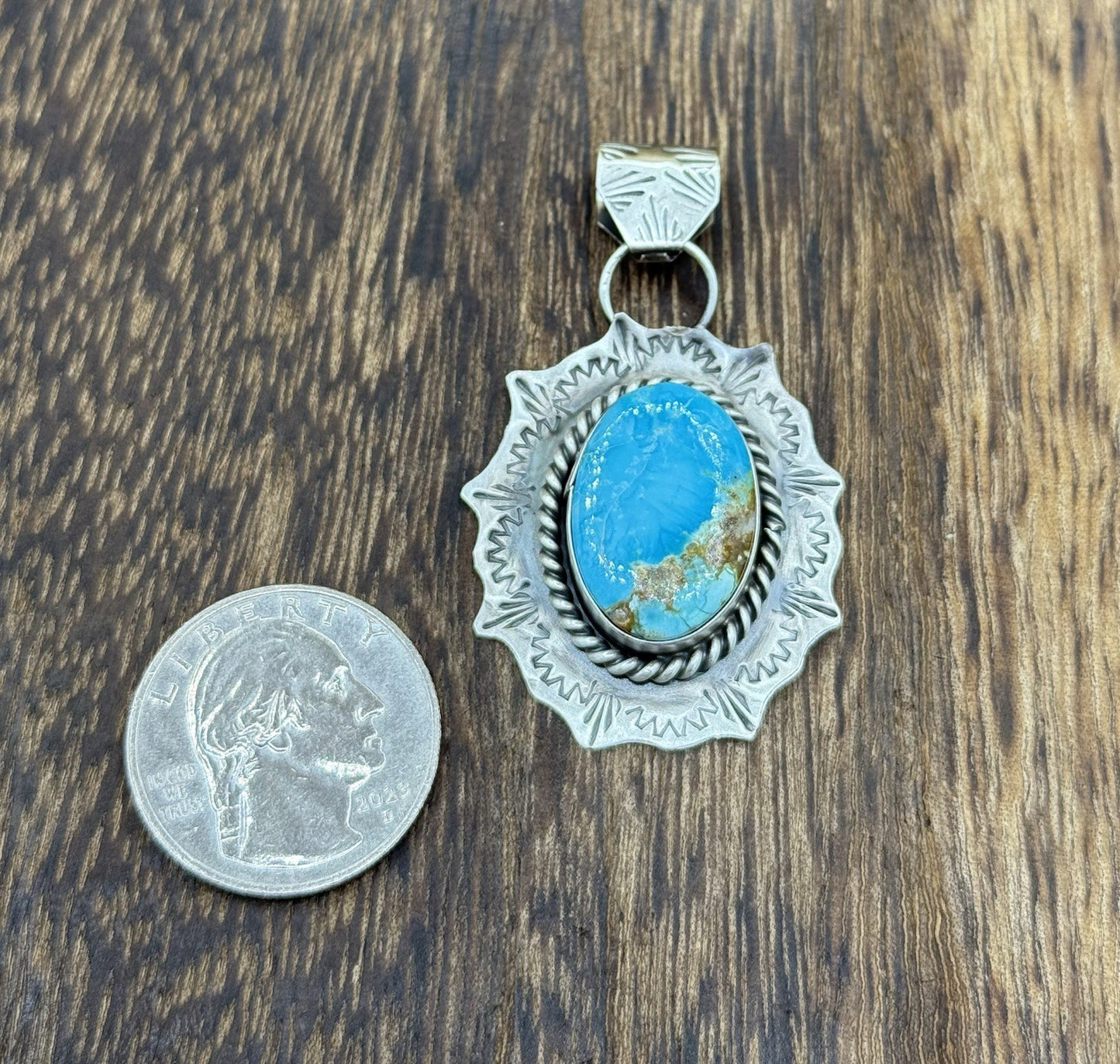 Native Navajo Handmade Sterling Silver Blue Bird Turquoise Stamped Drop Pendant