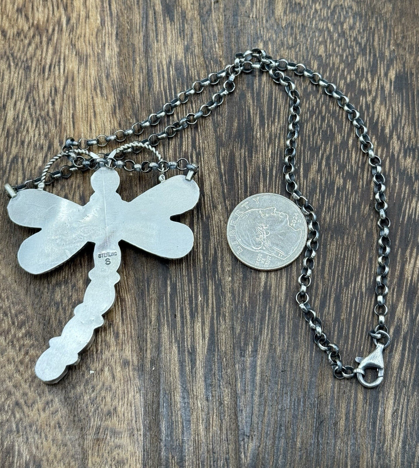 Navajo Handmade Sterling Silver Purple Spiny Oyster Dragonfly Bar Necklace 18”