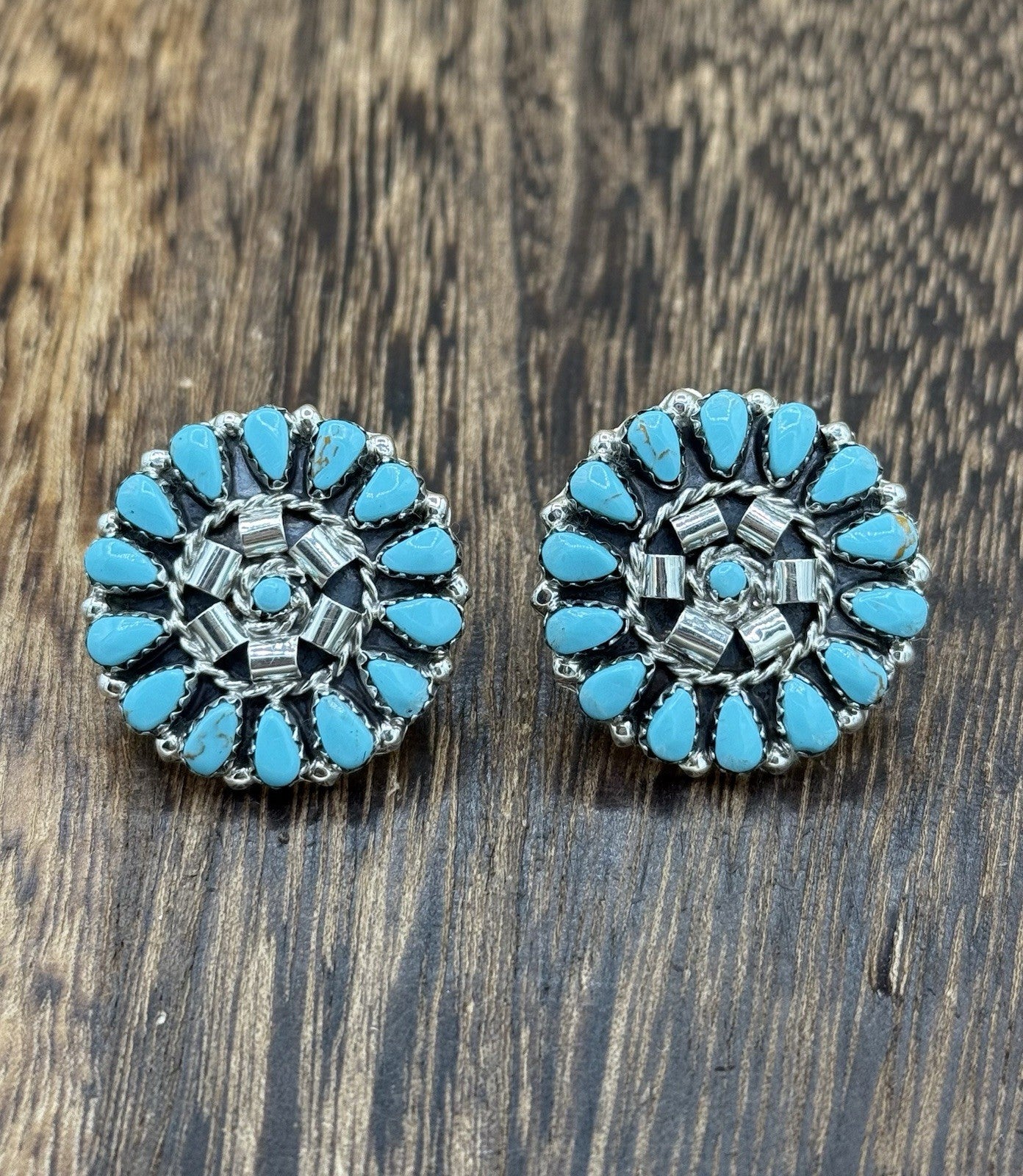 Native American Navajo Handmade Sterling Silver Turquoise Cluster Post earrings