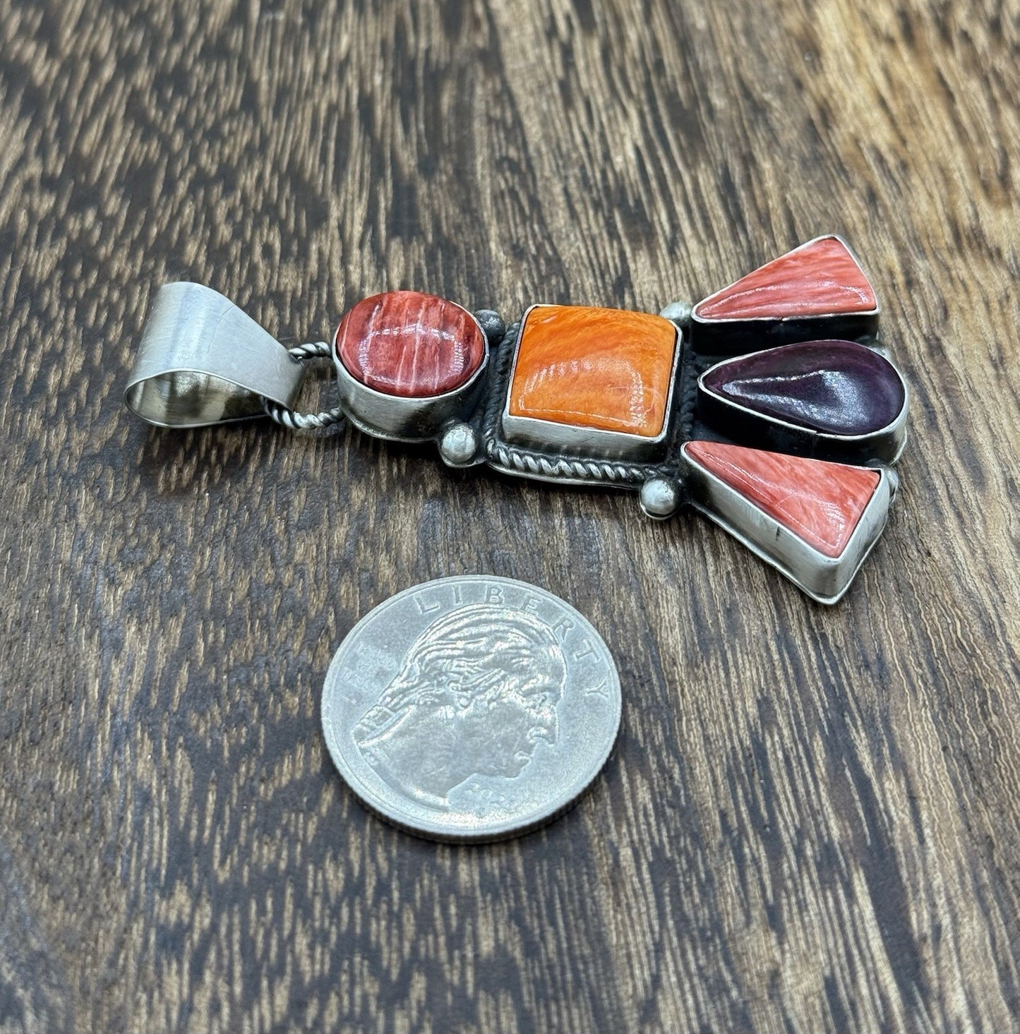 Native Navajo Handmade Sterling Silver Multi Spiny Oyster Shell Cluster Pendant