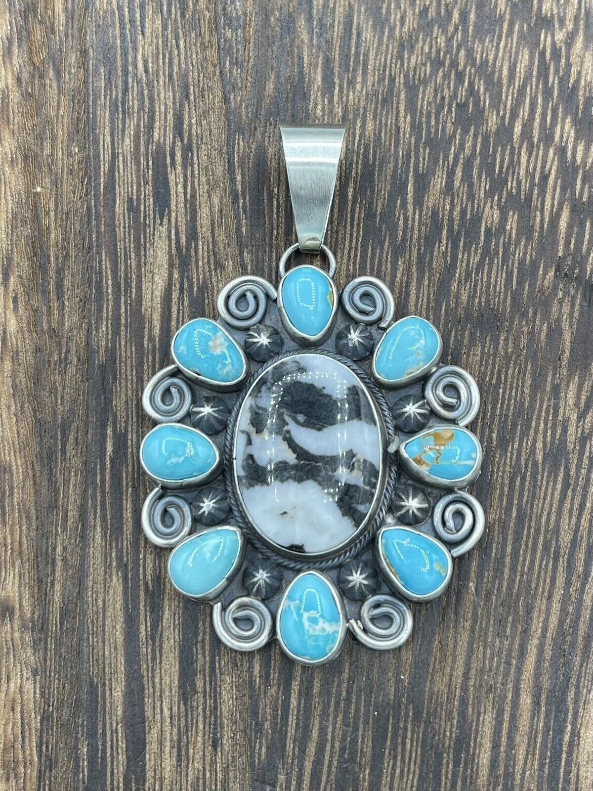 Native American Navajo  Silver Handmade Turquoise & White Buffalo Pendant