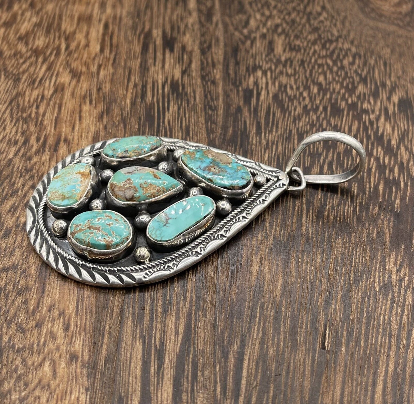 Native American Navajo Handmade Silver Natural  Turquoise Cluster Pendant