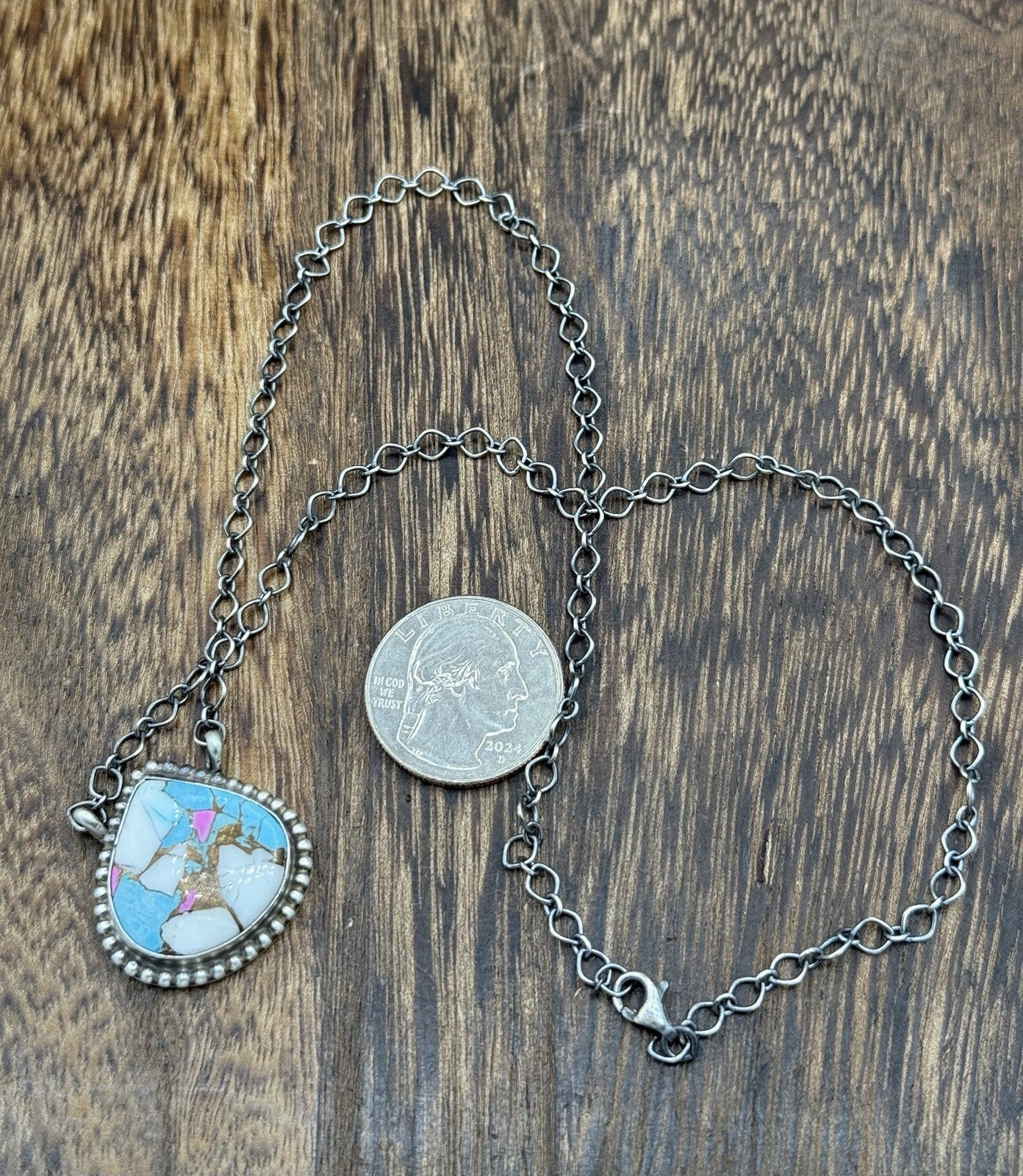 Native Navajo Handmade Sterling Silver Cotton Candy Dahlia Bar Necklace 18”