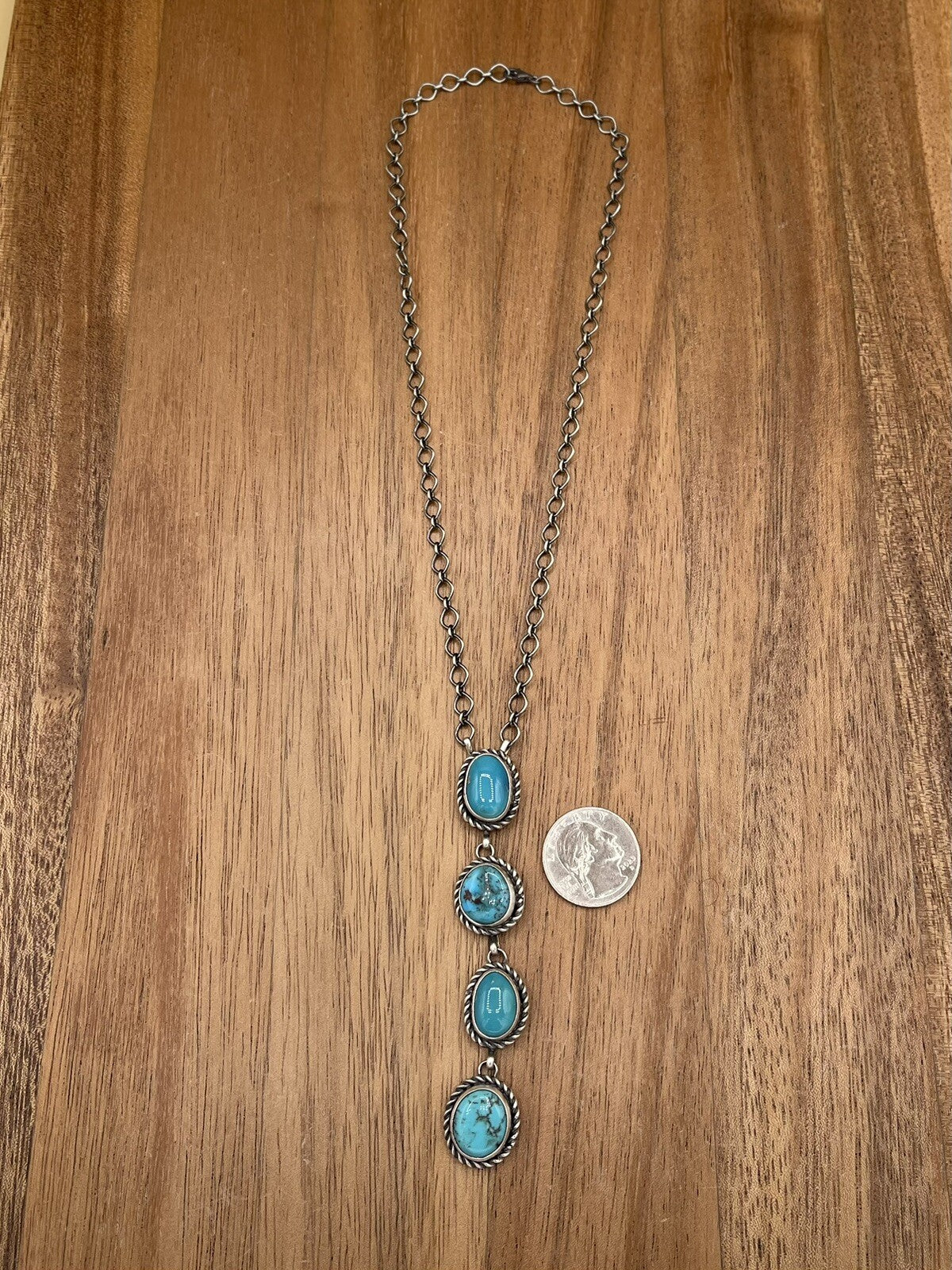 Native American Navajo Handmade Silver Egyptian Turquoise Drop Bar Necklace 18”