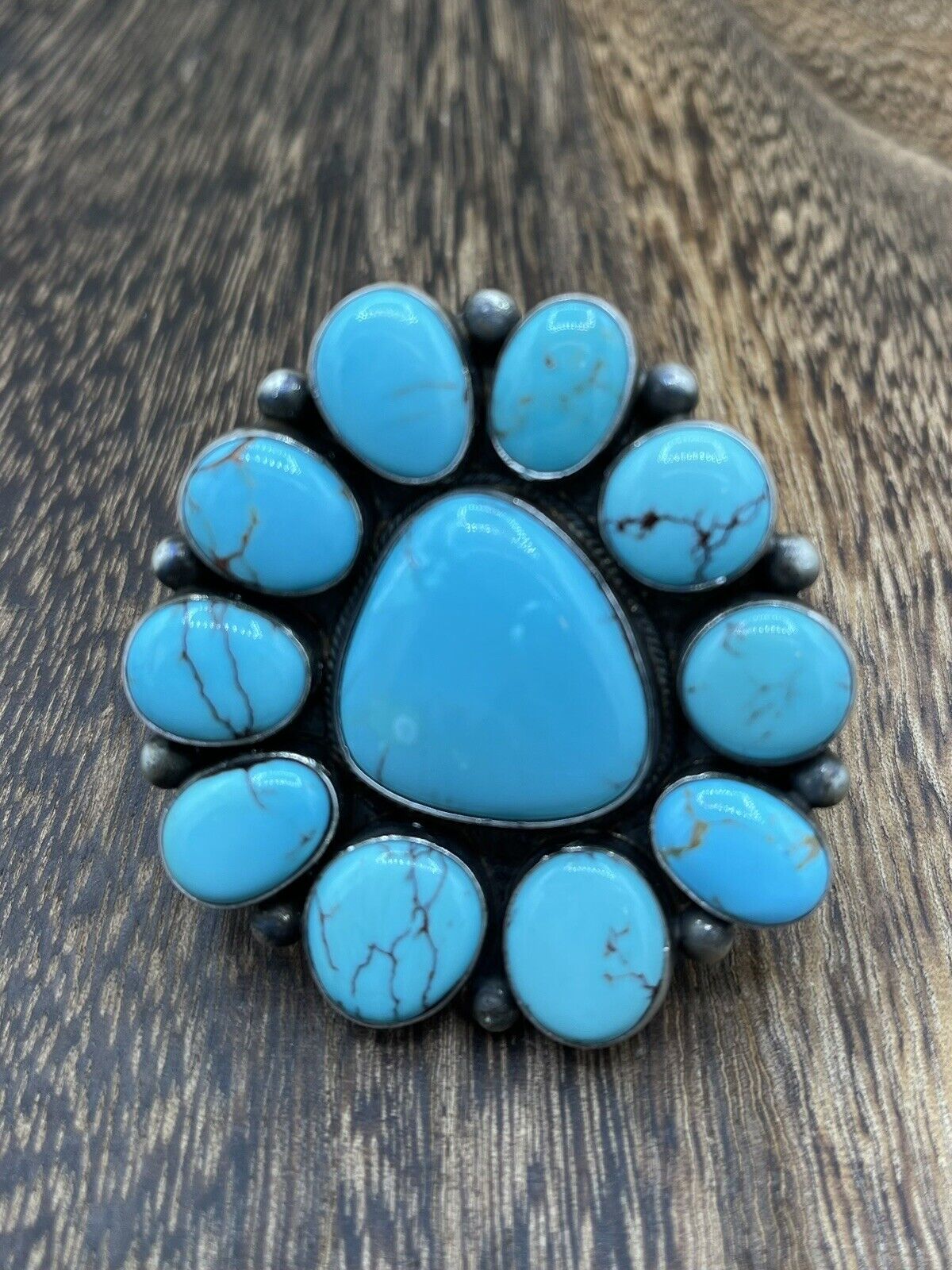 Native American Navajo Handmade Sterling Silver Turquoise Cluster Ring Size 7.5