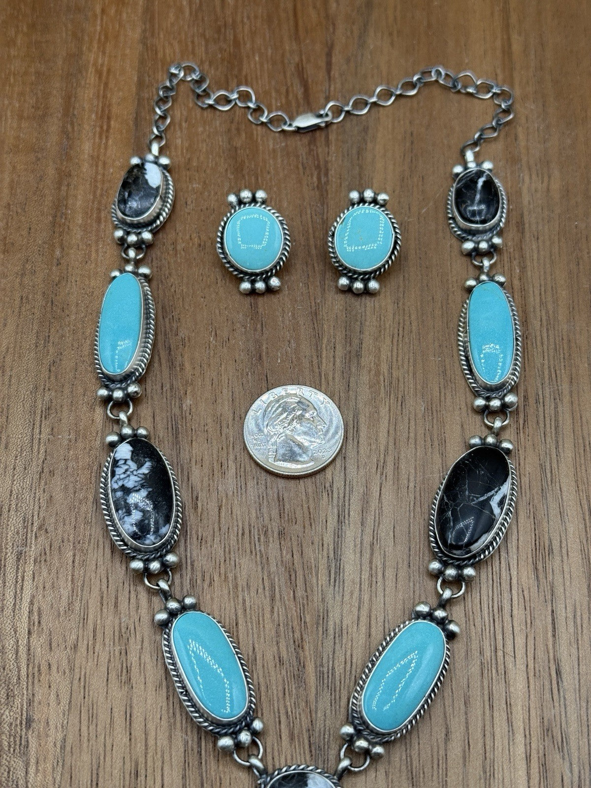 Navajo Handmade Sterling Silver Turquoise &White Buffalo Cluster Lariat Necklace