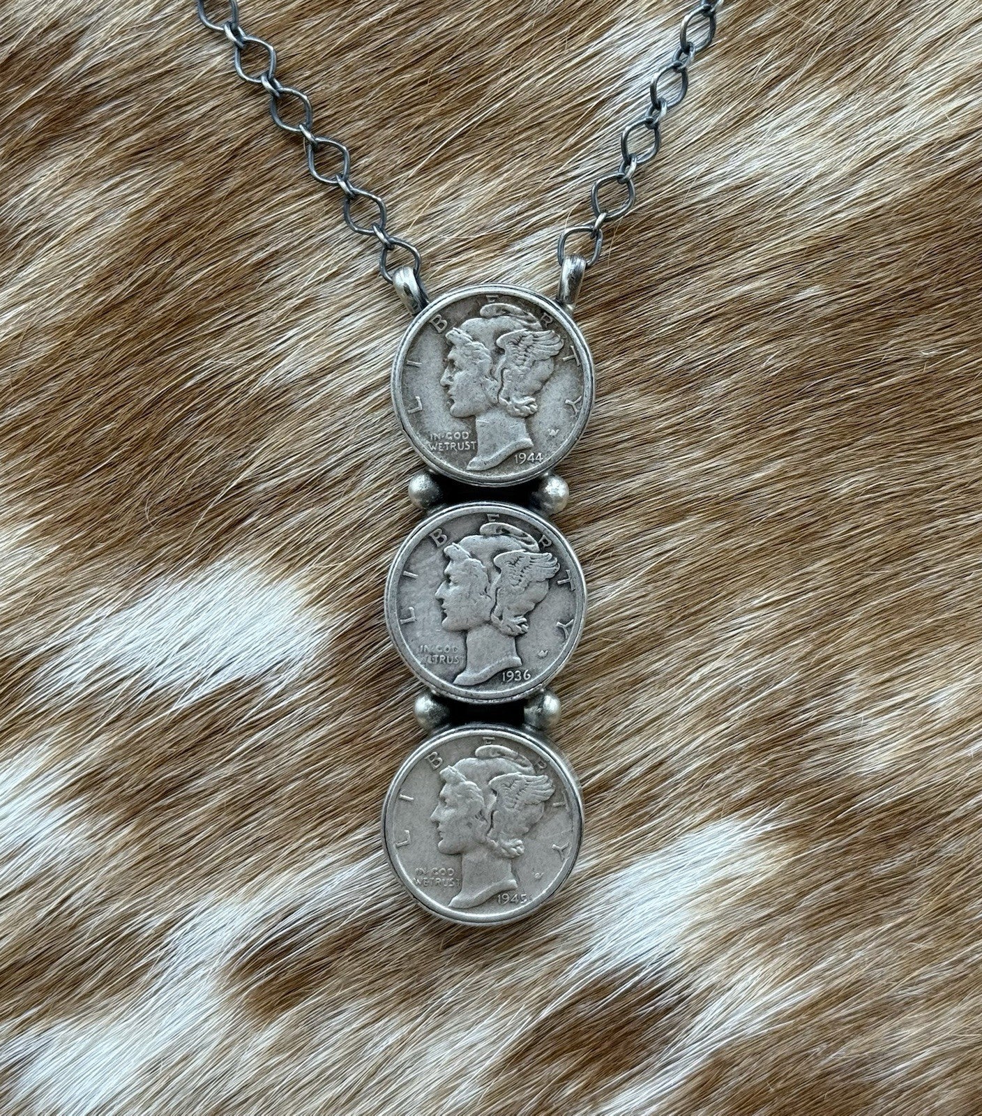 Navajo Handmade Sterling Silver Liberty Dime Cluster Bar Lariat Necklace 18”