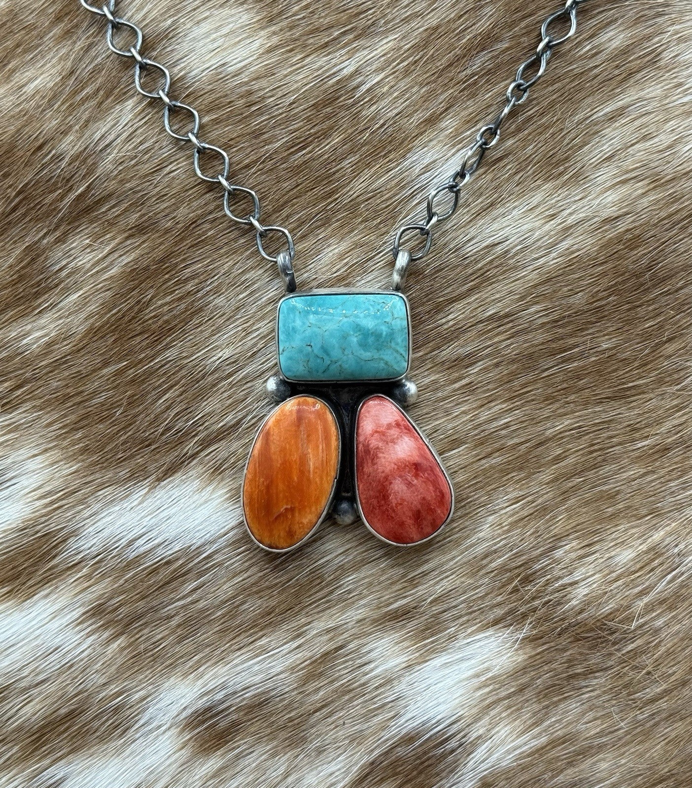 Navajo Handmade Sterling Silver Multi stone Turquoise  Cluster Bar Necklace 18”