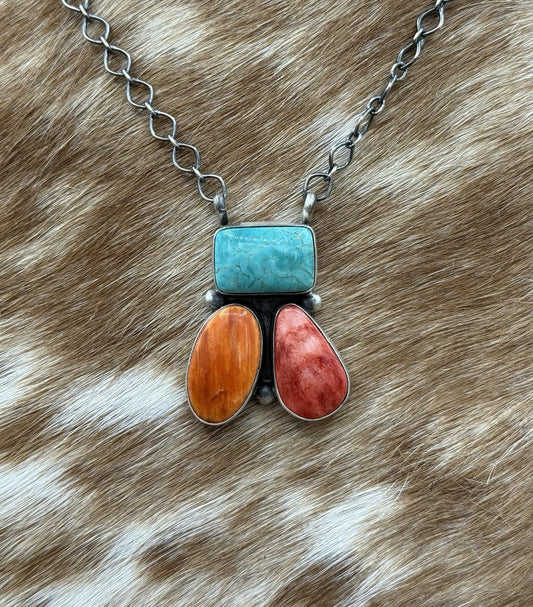 Navajo Handmade Sterling Silver Multi stone Turquoise  Cluster Bar Necklace 18”